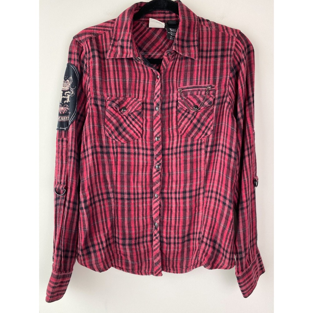 Harley Davidson Womens Plaid Button Up Shirt‎ S Red Motorcycle Patch Biker Y2K